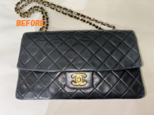 カバン修理　CHANELシャネル　マトラッセ　ラムスキン　スレ補修　色ハゲ補修　染め直し