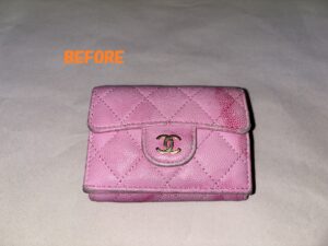 財布修理　CHANELシャネル　キャビアスキン　三つ折り財布　お色の滲みの修理　染め直し