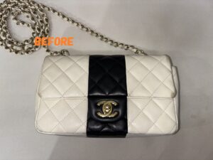 カバン修理　CHANELシャネル　マトラッセ　ラムスキン　ツートンカラー　スレ補修　染め直し