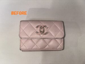 財布修理　CHANELシャネル　キャビアスキン　折りたたみ財布の黒ずみ、角スレ修理　染め直し