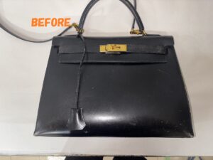 カバン修理　HERMESエルメス　ケリーバッグ　角スレ補修　ひっかき傷の補修　染め直し