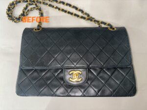 バッグ修理　CHANELシャネル　マトラッセ　チェーンバッグ　ラムスキン　スレ補修　染め直し