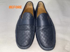 革くつ修理　GUCCIグッチ　メンズ　革靴　つま先の色ハゲ、スレ補修　染め直し
