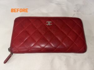 財布修理　CHANELシャネル　キャビアスキン　長財布　黒ずみ補修　染め直し