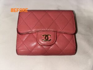 財布修理　CHANELシャネル　キャビアスキン　折りたたみ財布　角スレ　黒ずみ補修　染め直し
