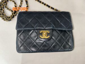 バッグ修理　CHANELシャネル　ラムスキン　チェーンバッグ　角スレ補修　色あせ補修　染め直し