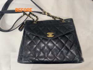 カバン修理　CHANELシャネル　キャビアスキン　ショルダーバッグ　角スレの補修　染め直し