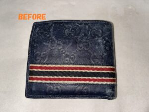 財布修理　GUCCIグッチ　二つ折り財布　スレ補修　お色の剥がれの補修　染め直し