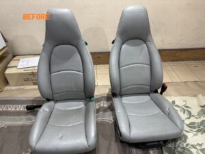 カーシート修理　ポルシェ　レザーシート本革シート　スレ、ひび割れ補修　カラーチェンジ色変え