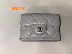 財布修理　CHANELシャネルのラムスキン　折りたたみ財布　角スレ補修　黒ずみ補修　染め直し