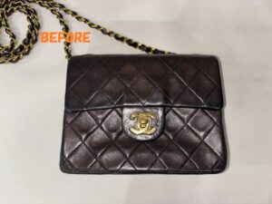 バッグ修理　CHANELシャネルのラムスキン　ミニマトラッセ　色あせ　色抜け修理　染め直し