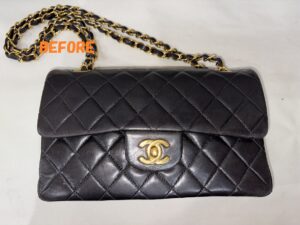 バッグ修理　CHANELシャネル　マトラッセ　チェーンバッグ　色あせ補修　染め直し