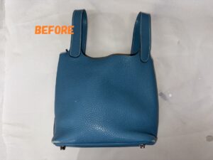 バッグ修理　HERMESエルメス　ピコタン　ターコイズブルー　角スレ　お色の剥がれの補修　染め直し