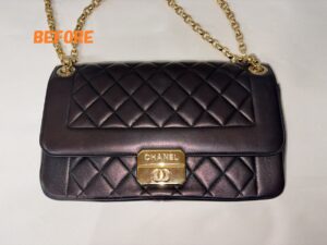 バッグ修理　CHANELシャネル　チェーンショルダーバッグ　ラムスキン　変色　染め直し