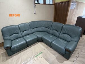 ソファー修理　コーナーソファー　キズ　色あせ補修　染め直し